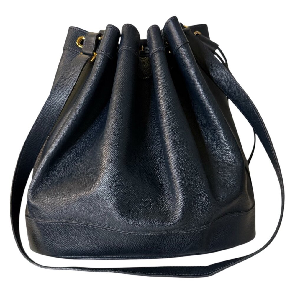 HERMES Vintage Market GM Shoulder Bag Navy Blue Coucherval Leather Circle U 1991